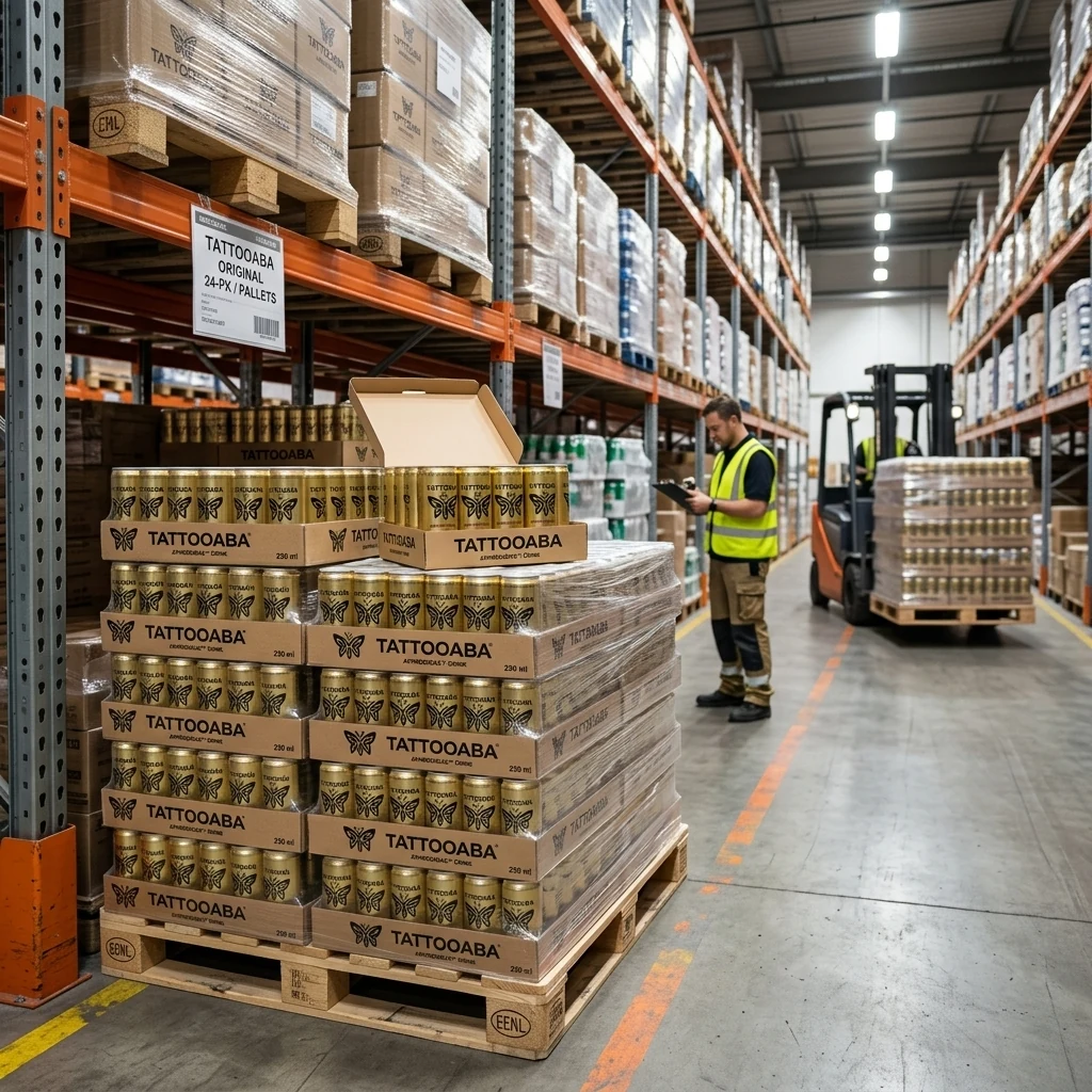 Tattooaba products and pallets in a warehouse